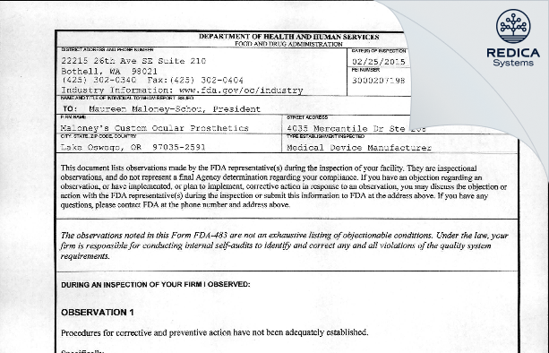 FDA 483 - Maloney's Custom Ocular Prosthetics [Lake Oswego / United States of America] - Download PDF - Redica Systems