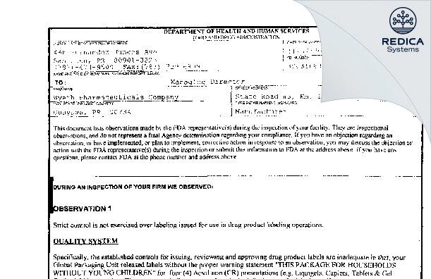 FDA 483 - Wyeth Pharmaceuticals Company [Guayama / United States of America] - Download PDF - Redica Systems