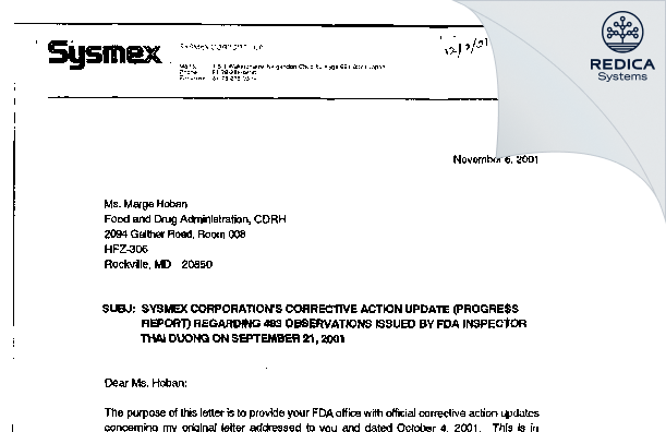 FDA 483 Response - Sysmex Corporation [Kobe / Japan] - Download PDF - Redica Systems