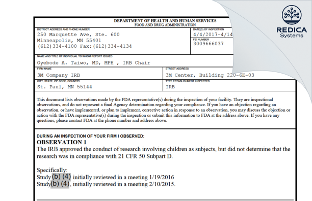 FDA 483 - 3M Company IRB [Saint Paul / United States of America] - Download PDF - Redica Systems
