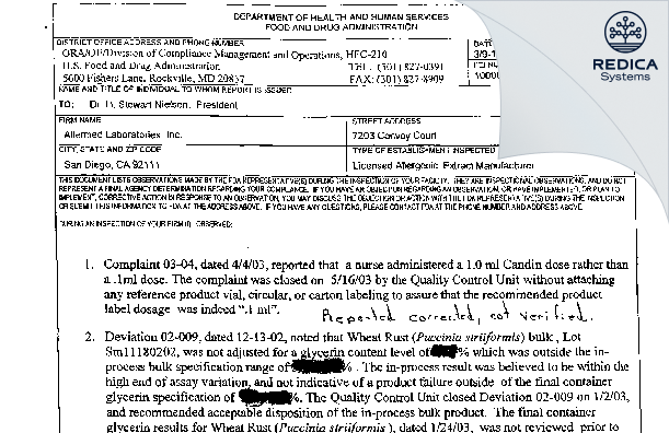 FDA 483 - Allermed Laboratories, Inc. [San Diego / United States of America] - Download PDF - Redica Systems