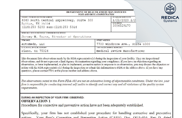 FDA 483 - AutoMedx, LLC [Plano / United States of America] - Download PDF - Redica Systems