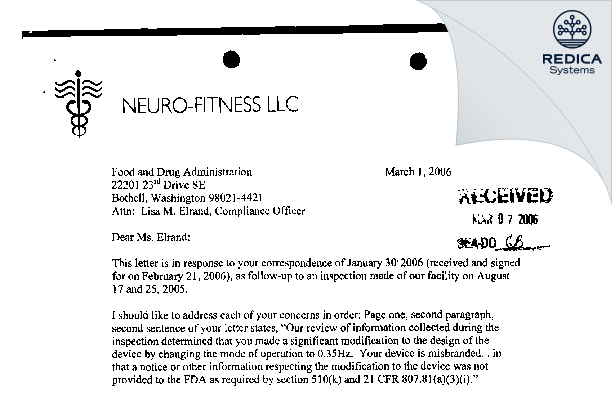 FDA 483 Response - Neuro-Fitness LLC [Fall City / United States of America] - Download PDF - Redica Systems