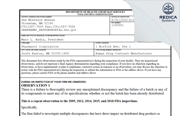 FDA 483 - Pharmasol Corporation [South Easton Massachusetts / United States of America] - Download PDF - Redica Systems
