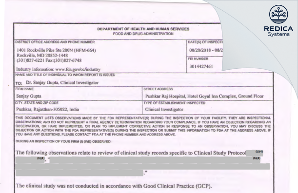 FDA 483 - Sanjay Gupta [Pushkar / India] - Download PDF - Redica Systems