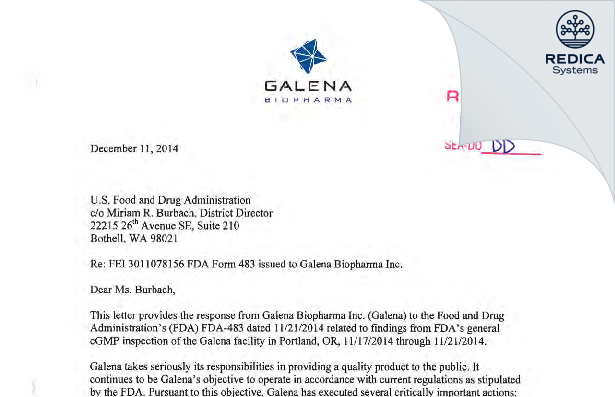FDA 483 Response - Galena Biopharma, Inc. [San Ramon / United States of America] - Download PDF - Redica Systems