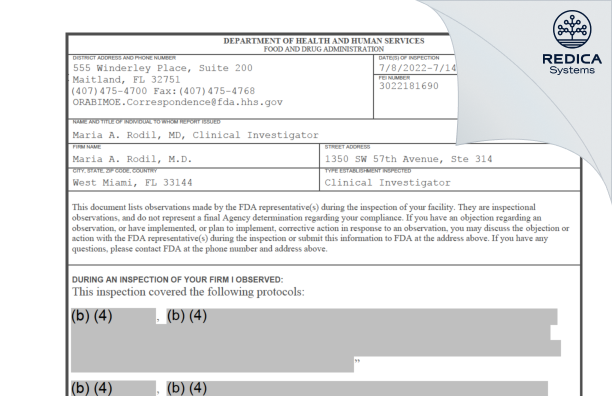 FDA 483 - Maria A. Rodil, M.D. [West Miami / United States of America] - Download PDF - Redica Systems