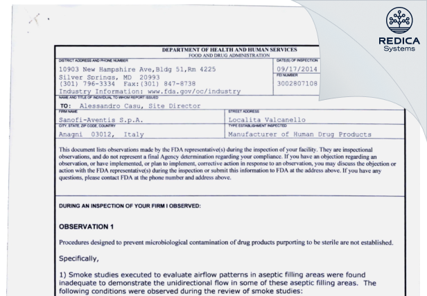 FDA 483 - Sanofi S.r.l. [Italy / Italy] - Download PDF - Redica Systems