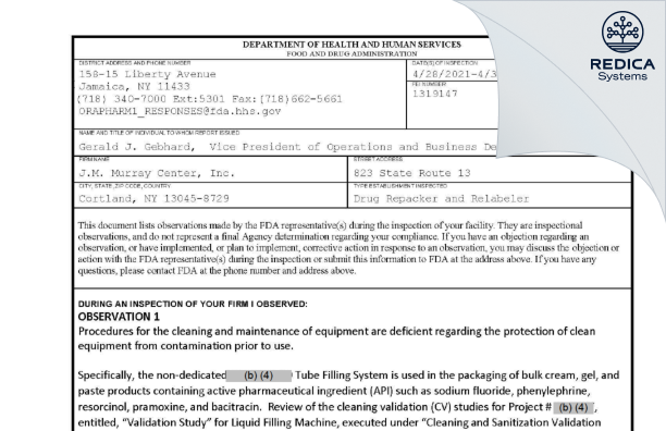 FDA 483 - J.M. Murray Center, Inc. [New York / United States of America] - Download PDF - Redica Systems