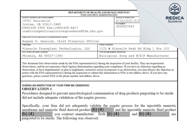 FDA 483 - Pinnacle Transplant Technologics, LLC [Phoenix / United States of America] - Download PDF - Redica Systems