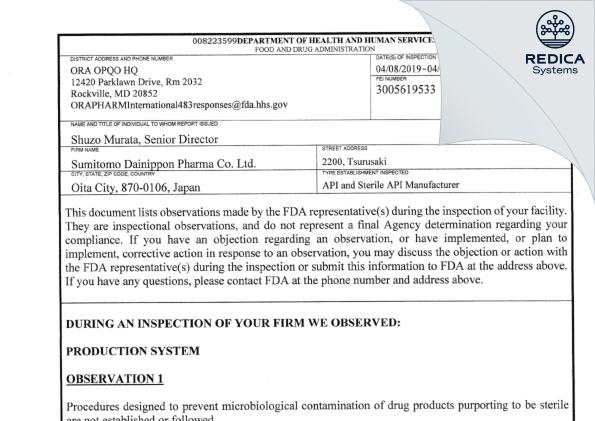 FDA 483 - Sumitomo Pharma Co., Ltd. [Oita / Japan] - Download PDF - Redica Systems