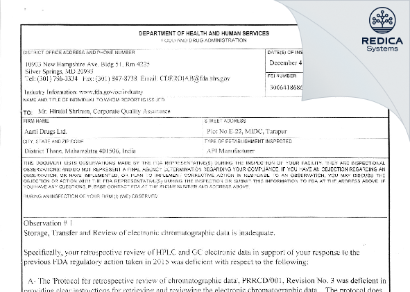 FDA 483 - AARTI DRUGS LTD [India / India] - Download PDF - Redica Systems