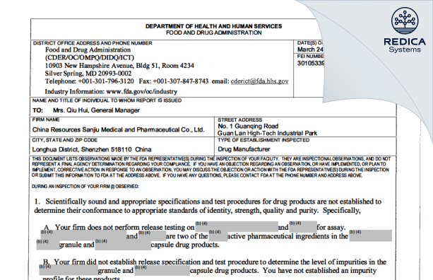 FDA 483 - China Resources Sanjiu Medical and Pharmaceutical Co., Ltd. [Shenzhen / China] - Download PDF - Redica Systems