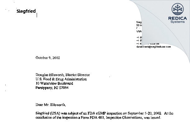 FDA 483 Response - Siegfried USA, LLC [Pennsville / United States of America] - Download PDF - Redica Systems