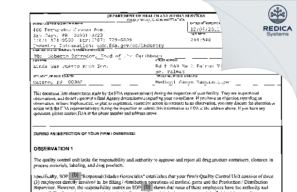 FDA 483 - Messer Gas Puerto Rico Inc [Puerto Rico / United States of America] - Download PDF - Redica Systems