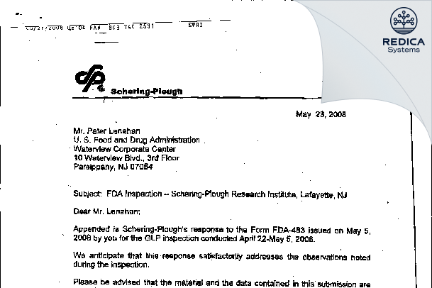 FDA 483 Response - Schering Corporation [Lafayette / United States of America] - Download PDF - Redica Systems
