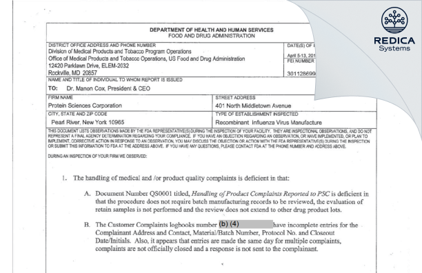FDA 483 - Protein Sciences Corporation [New York / United States of America] - Download PDF - Redica Systems