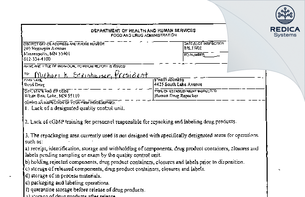 FDA 483 - Reed Drug [White Bear Lake / United States of America] - Download PDF - Redica Systems