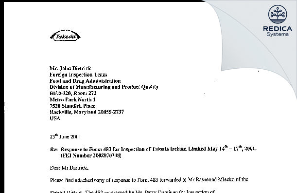FDA 483 Response - Takeda Ireland Limited [Bray / Ireland] - Download PDF - Redica Systems