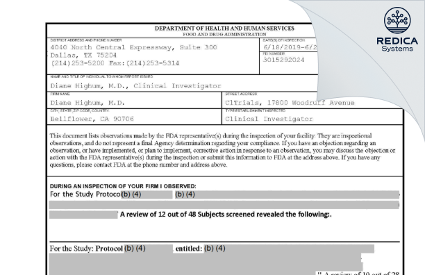 FDA 483 - Diane Highum, M.D. [Bellflower / United States of America] - Download PDF - Redica Systems