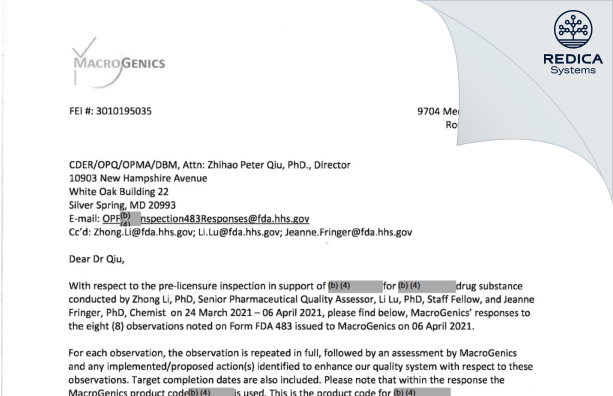 FDA 483 Response - MacroGenics, Inc [Rockville / United States of America] - Download PDF - Redica Systems