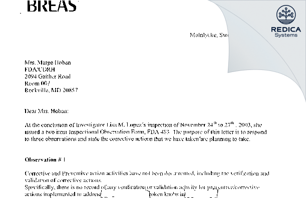 FDA 483 Response - Breas Medical AB [Molnlycke / Sweden] - Download PDF - Redica Systems