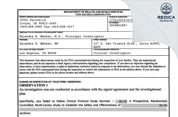 FDA 483 - Rajendra R. Makkar, MD [Los Angeles / United States of America] - Download PDF - Redica Systems