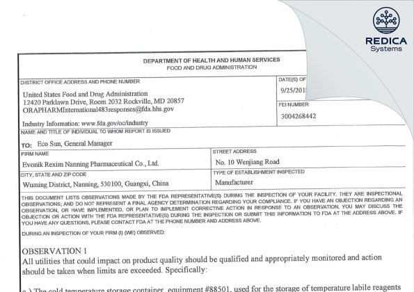 FDA 483 - Evonik Rexim (Nanning) Pharmaceutical Co. Ltd. [China / China] - Download PDF - Redica Systems