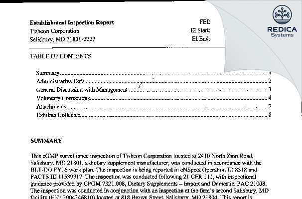 EIR - Tishcon Corporation [Salisbury / United States of America] - Download PDF - Redica Systems