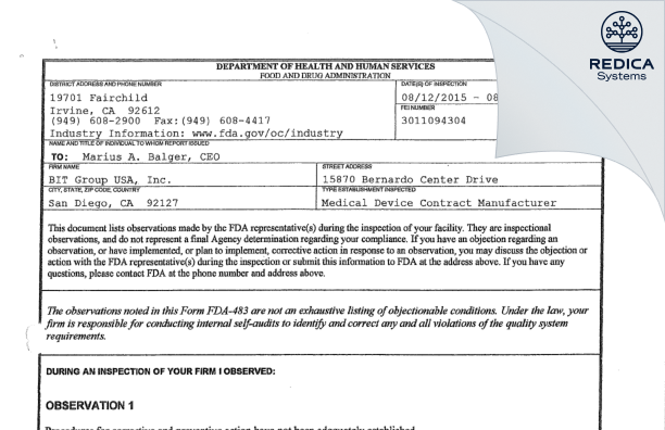 FDA 483 - BIT Group USA, Inc. [San Diego / United States of America] - Download PDF - Redica Systems
