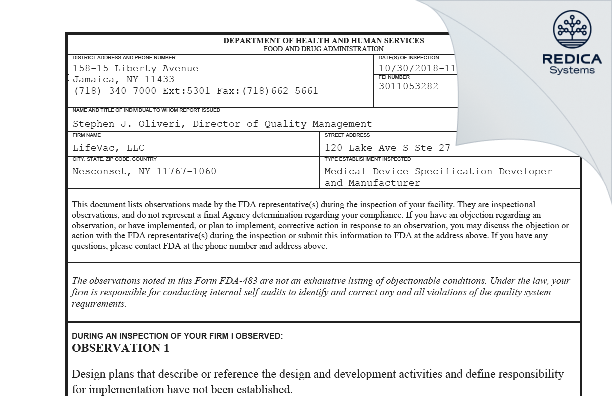 FDA 483 - LifeVac, LLC [Nesconset / United States of America] - Download PDF - Redica Systems