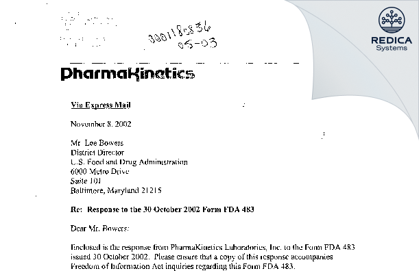 FDA 483 Response - Bioanalytical Systems Inc [Baltimore / United States of America] - Download PDF - Redica Systems