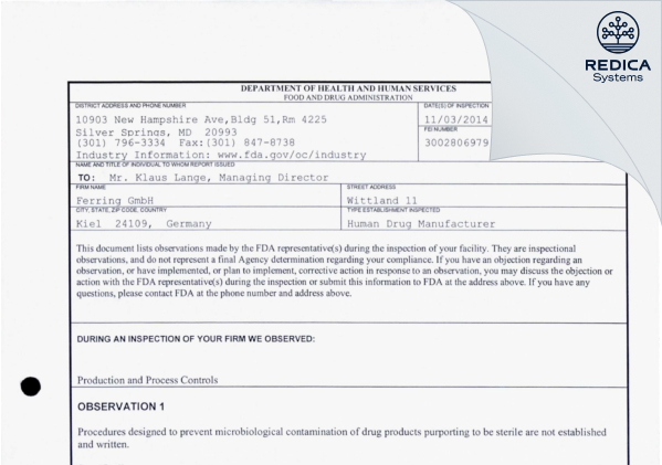 FDA 483 - Ferring GmbH [Kiel / Germany] - Download PDF - Redica Systems