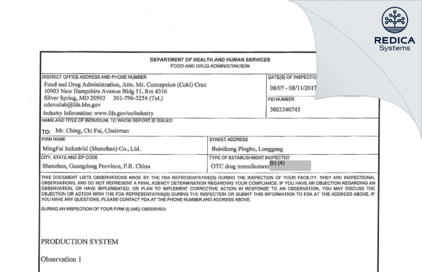 FDA 483 - Ming Fai Industrial (Shenzhen) Co. Ltd [China / China] - Download PDF - Redica Systems