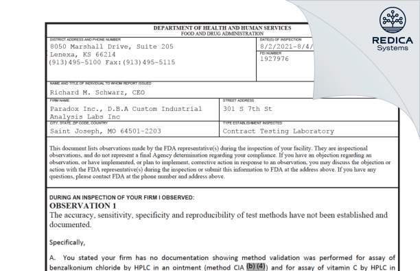 FDA 483 - Custom Industrial Analysis Laboratories [Saint Joseph / United States of America] - Download PDF - Redica Systems