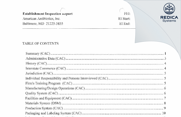 EIR - American Antibiotics,Inc. [Baltimore / United States of America] - Download PDF - Redica Systems