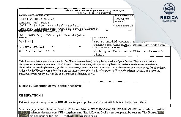 FDA 483 - Ravi Vij, MD [Saint Louis / United States of America] - Download PDF - Redica Systems