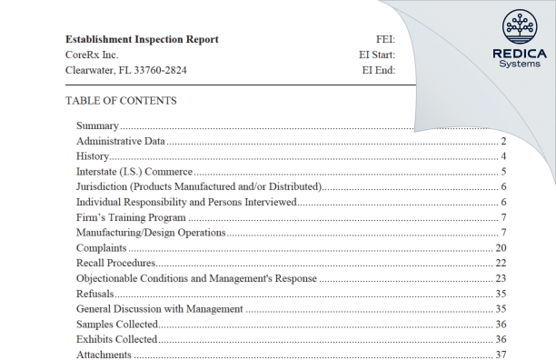 EIR - CORERX, INC. [Florida / United States of America] - Download PDF - Redica Systems