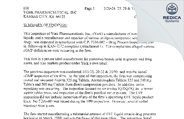 EIR - York Pharmaceuticals Inc [Kansas City / United States of America] - Download PDF - Redica Systems