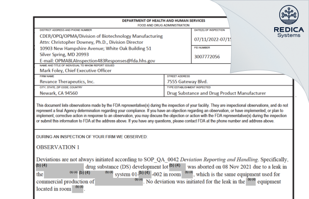 FDA 483 - Revance Therapeutics, Inc. [Newark / United States of America] - Download PDF - Redica Systems