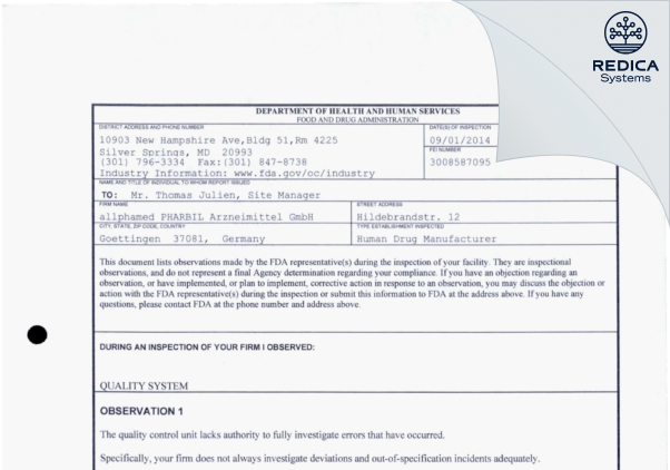FDA 483 - allphamed Pharbil Arzneimittel GmbH [Gottingen / Germany] - Download PDF - Redica Systems
