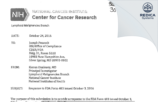 FDA 483 Response - Kieron Dunleavy [Bethesda / United States of America] - Download PDF - Redica Systems