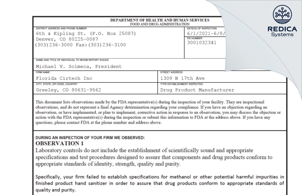 FDA 483 - Florida Cirtech Inc [Greeley / United States of America] - Download PDF - Redica Systems