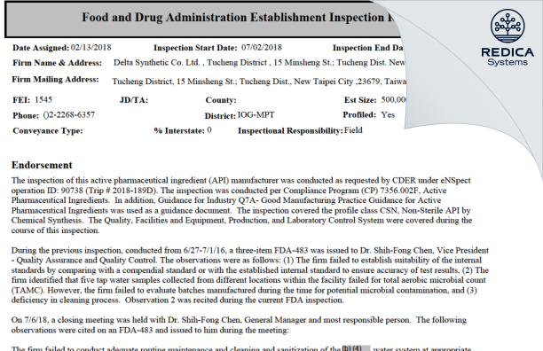 EIR - Delta Synthetic Co. Ltd. [New Taipei City / Taiwan] - Download PDF - Redica Systems