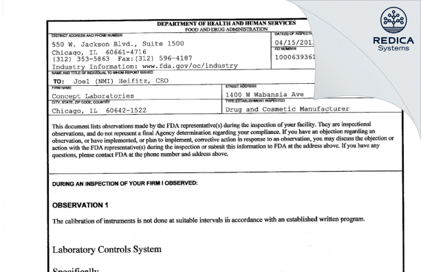 FDA 483 - Concept Laboratories, Inc. [Chicago / United States of America] - Download PDF - Redica Systems