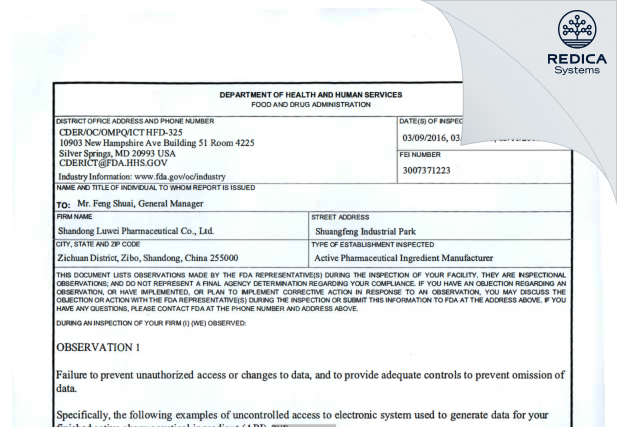 FDA 483 - Shandong Luwei Pharmaceutical Co.,Ltd. [Zibo / China] - Download PDF - Redica Systems