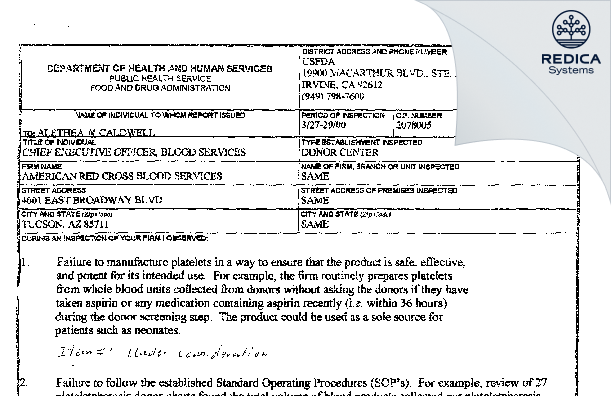 FDA 483 - AMERICAN RED CROSS BLOOD SERVICES [Tucson / United States of America] - Download PDF - Redica Systems