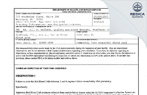 FDA 483 - OneBlood, Inc [Vero Beach / United States of America] - Download PDF - Redica Systems