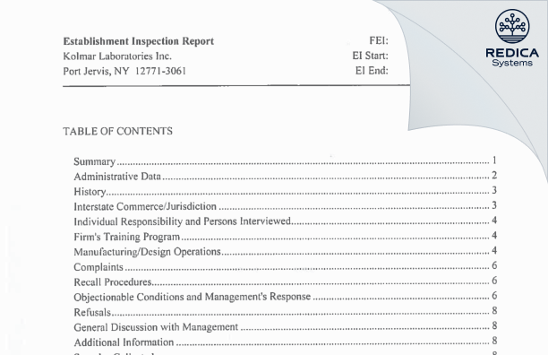 EIR - Port Jervis Laboratories, Inc [York / United States of America] - Download PDF - Redica Systems