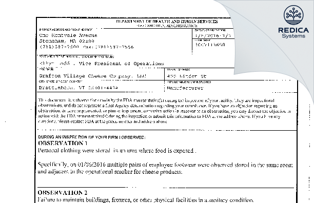 FDA 483 - Grafton Village Cheese Company, LLC [Brattleboro / United States of America] - Download PDF - Redica Systems